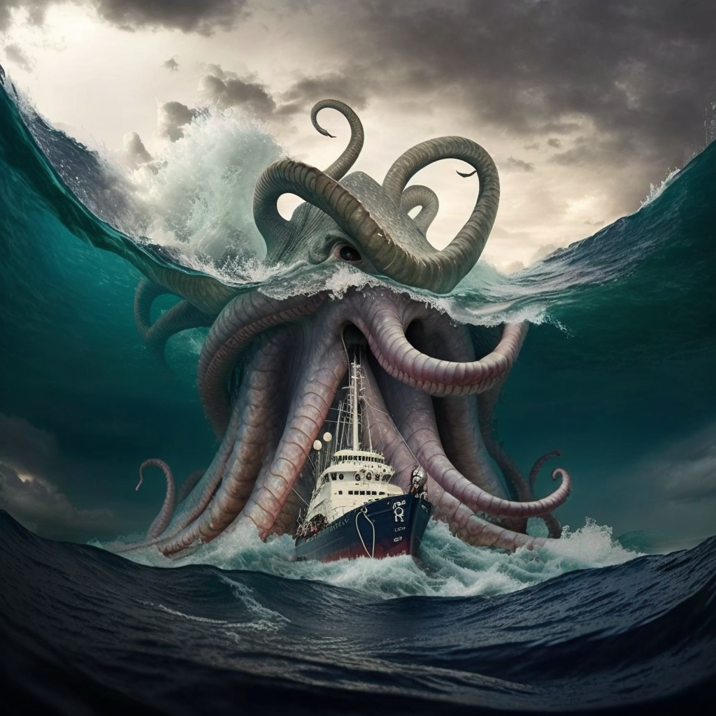A dramatic snapshot of the massive Kraken, its colossal tentacles reaching for the sky,